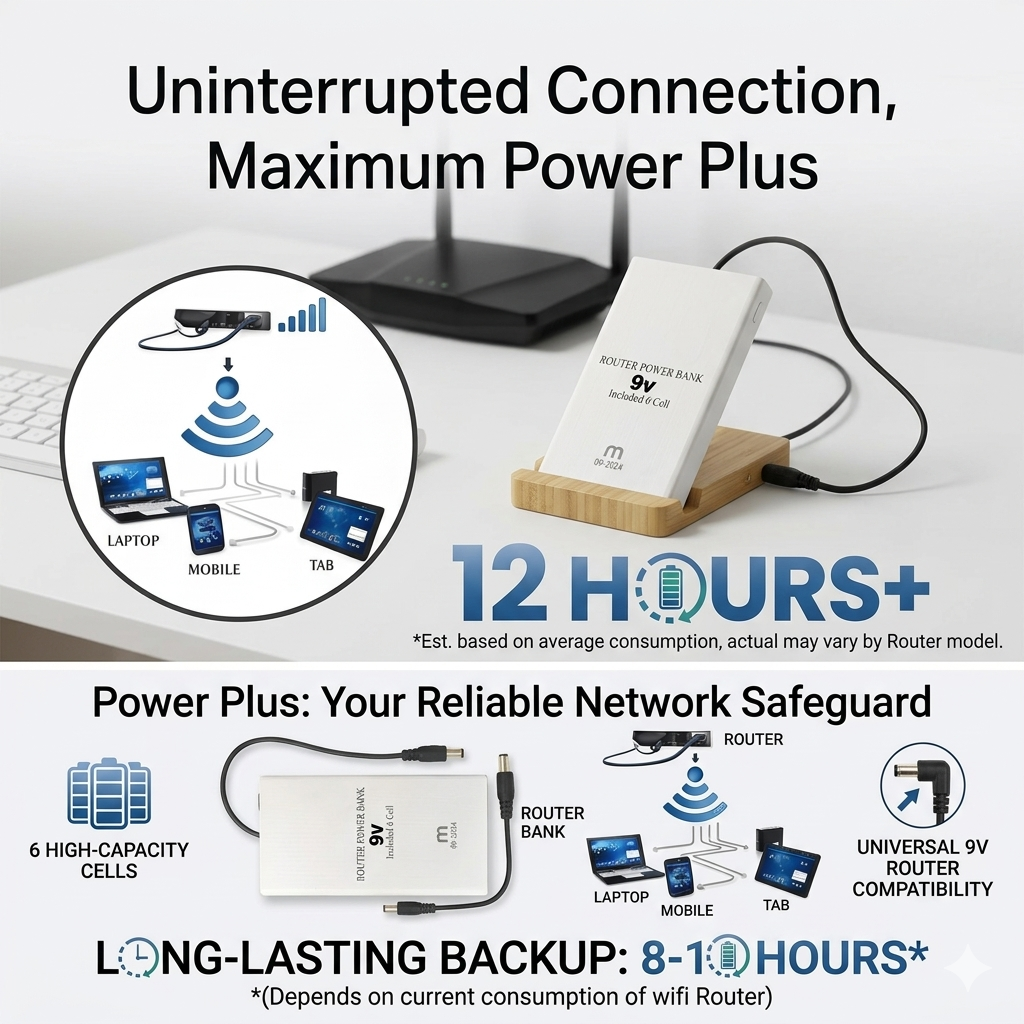 Power Plus 12V Mini UPS for WiFi Router - 10 Hours Battery Backup | Portable Router Power Bank with 6 High-Capacity Cells