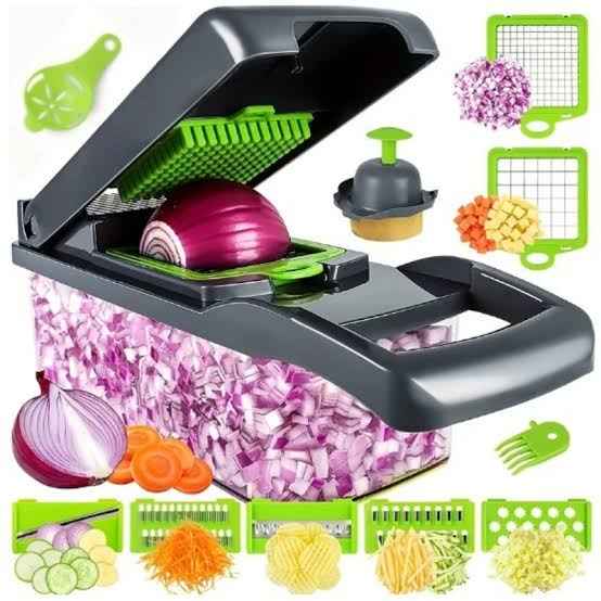 5-In-1 Multifunctional Vegetable Chopper & Slicer with Colander Basket & Storage Container – Heavy Duty Manual Food Cutter
