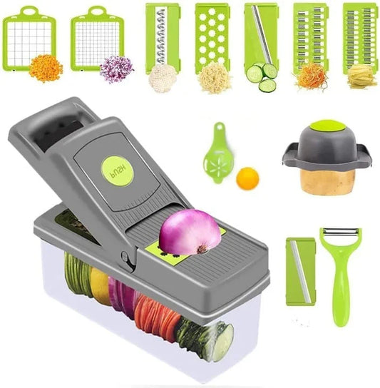 5-In-1 Multifunctional Vegetable Chopper & Slicer with Colander Basket & Storage Container – Heavy Duty Manual Food Cutter